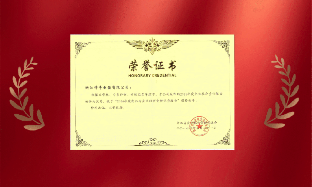 帅丰电器荣获“2020浙江省企业社会责任优秀报告”称号